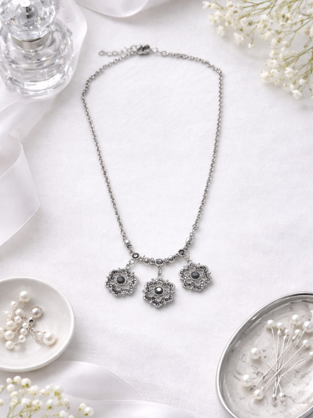 Vintage Style Silver Floral Necklace Boho Statement Dark Gem Pendant
